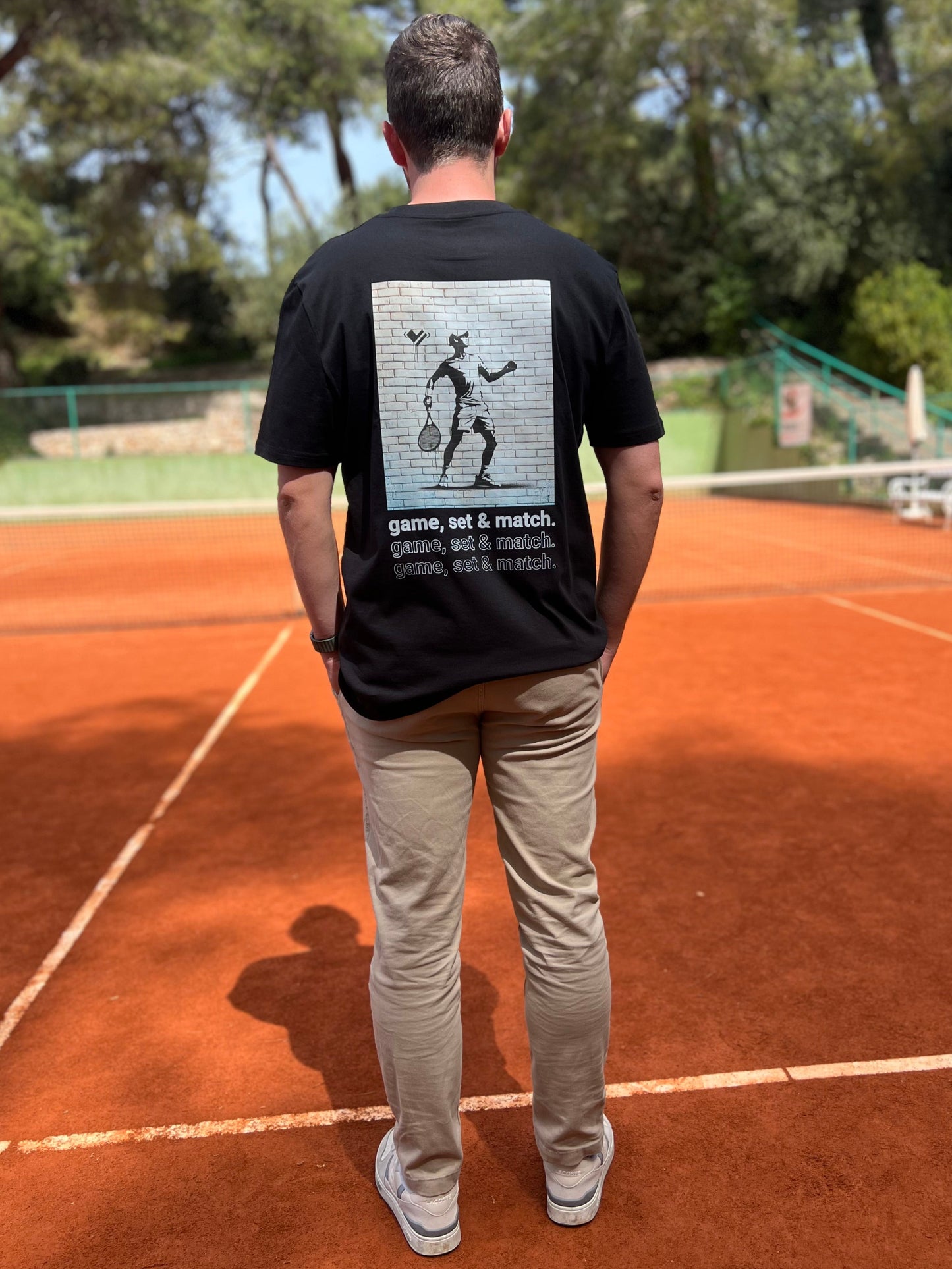 Bio-Baumwolle Tennisshirt schwarz - game, set match graffiti - Herren/Damen - athletic heart | Tennis