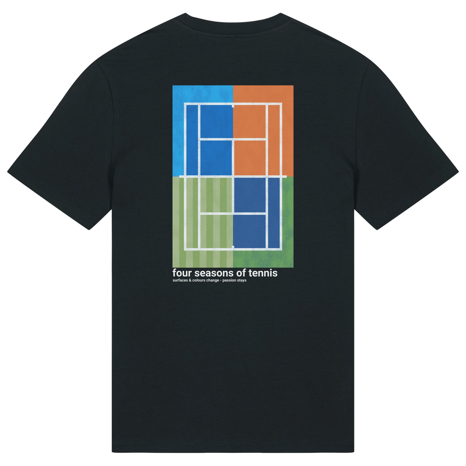 athletic heart | tennis, four seasons of tennis, Schwarzes Tennisshirt für Tennisspieler aus 100% Biobaumwolle mit Tennis-Design Backprint. Tennisliebe im Tennisclub
