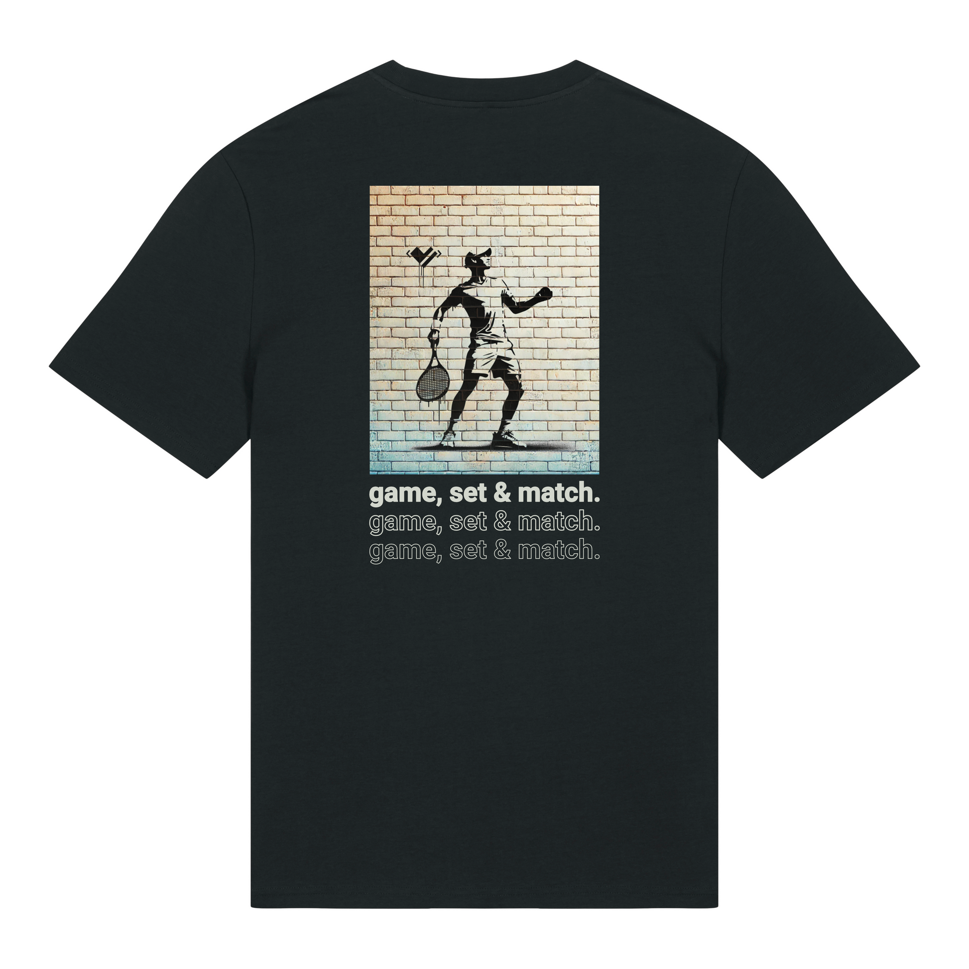 Schwarzes Tennisshirt für Tennisspieler aus 100% Biobaumwolle mit Graffiti Tennis-Design und dem Motto game set match